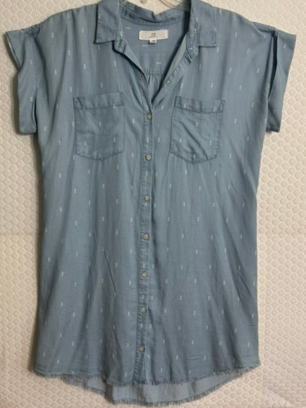 THREAD SUPPLY Light Wash Blue Chambray Shirtdress-Fringed , Cap Sleeve Sz L  EUC